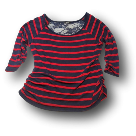 𝅺Striped blouse with side rushing and lace back detail - Picture 1 of 4